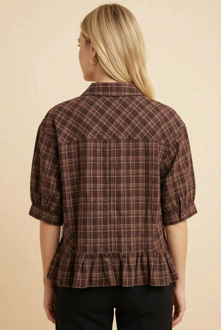 Brown Plaid Collared Button-Down Peplum Short Sleeve Top