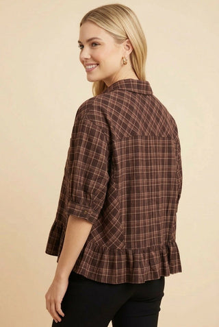 Brown Plaid Collared Button-Down Peplum Short Sleeve Top