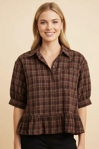 Brown Plaid Collared Button-Down Peplum Short Sleeve Top