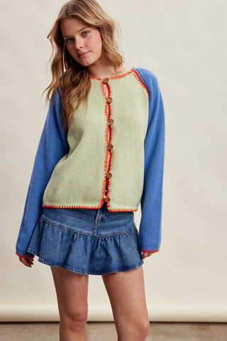 Contrast Stitch Raglan Knit Cardigan