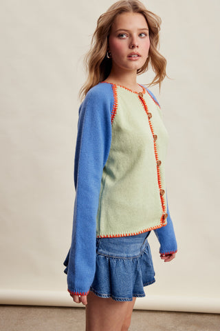 Contrast Stitch Raglan Knit Cardigan