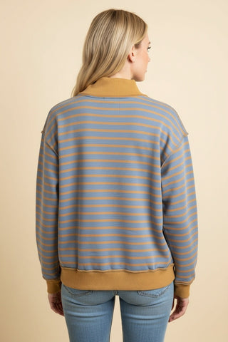 Striped Mock Neck Drop Shoulder Pullover