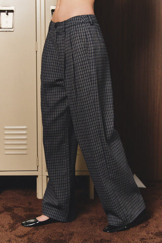 Navy-Grey Plaid Pleated Wide Leg Dress Pants