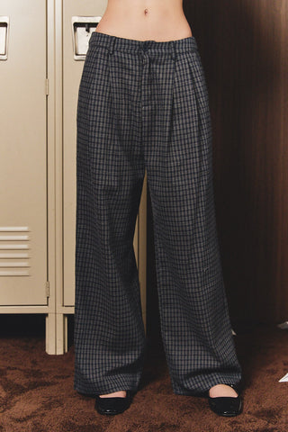 Navy-Grey Plaid Pleated Wide Leg Dress Pants