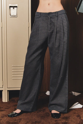 Navy-Grey Plaid Pleated Wide Leg Dress Pants