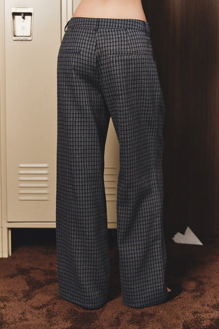 Navy-Grey Plaid Pleated Wide Leg Dress Pants