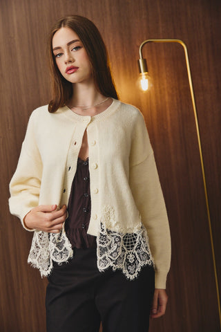 Lace Hem Button Front Knit Sweater Cardigan