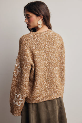 Camel Floral Embroidered Chunky Sweater