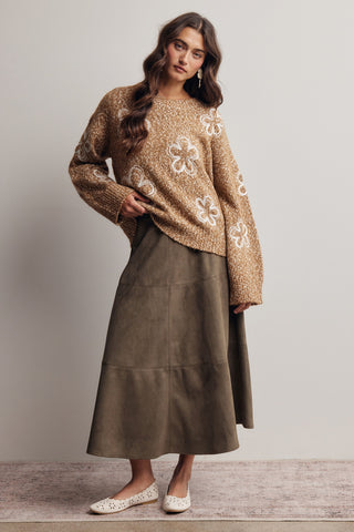 Camel Floral Embroidered Chunky Sweater