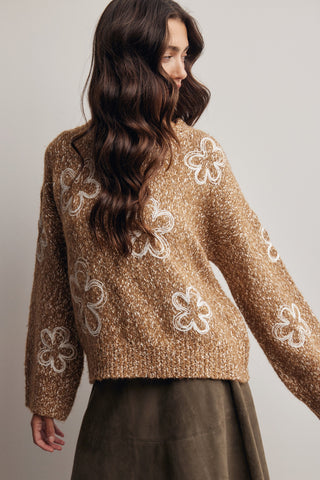 Camel Floral Embroidered Chunky Sweater