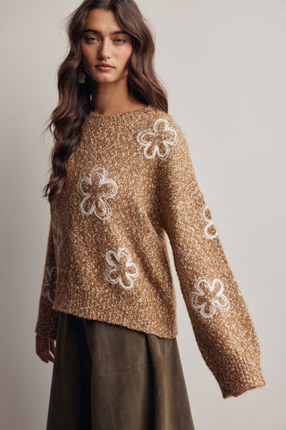 Camel Floral Embroidered Chunky Sweater
