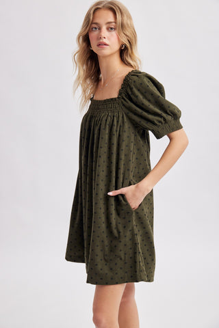 Polka Dot Corduroy Smocked Mini Dress