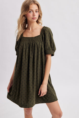 Polka Dot Corduroy Smocked Mini Dress