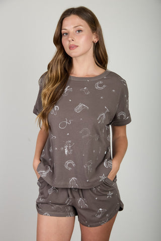 Western Print Cuff Sleeve Short Set