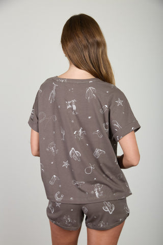 Western Print Cuff Sleeve Short Set