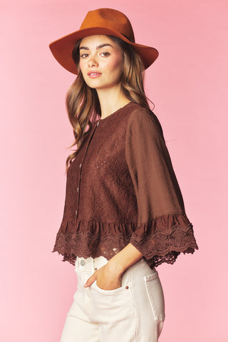 Lace Button-Front Blouse with Bell Cuffs