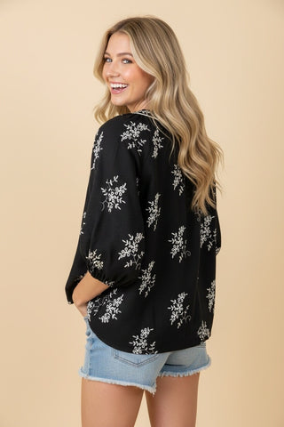 Black Embroidered Floral V-Neck Contrast Piping Blouse