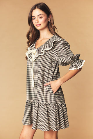 Black & Taupe Gingham Ruffle Collar Mini Dress