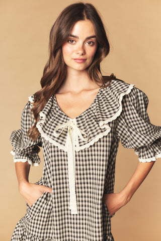 Black & Taupe Gingham Ruffle Collar Mini Dress