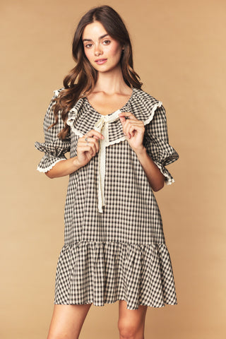 Black & Taupe Gingham Ruffle Collar Mini Dress