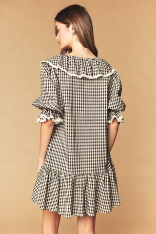 Black & Taupe Gingham Ruffle Collar Mini Dress