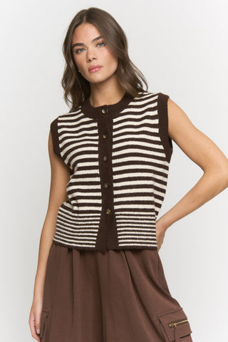 The Brown & Cream Striped Knit Cardigan Vest with button front and contrast trim