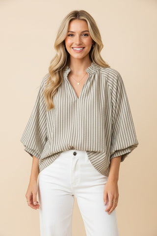 Curvy Striped Lantern Sleeve Blouse