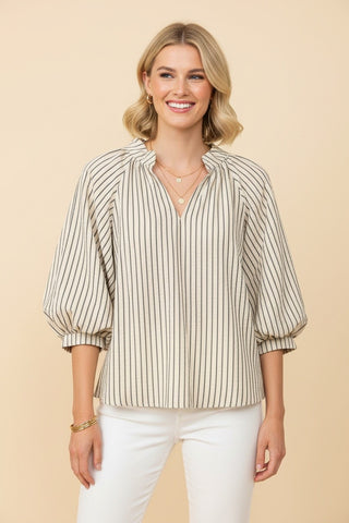 Curvy Striped Lantern Sleeve Blouse