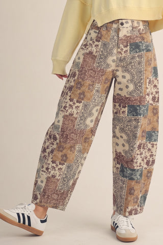 Tapestry Patchwork Print Barrel Pants