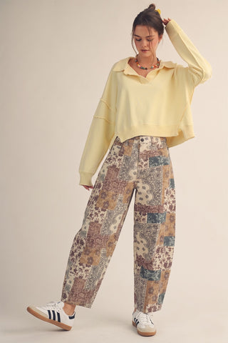 Tapestry Patchwork Print Barrel Pants