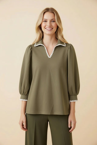 Olive Scallop Trim Contrast Collar Puff Sleeve V-Neck Blouse