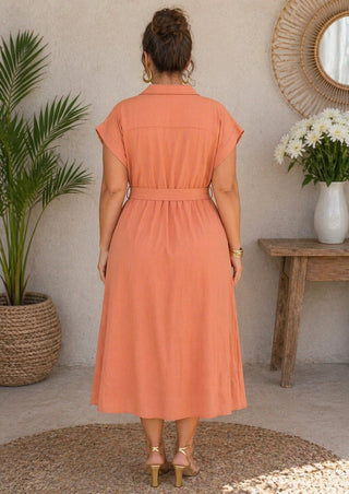 Curvy Coral Belted Midi Dress