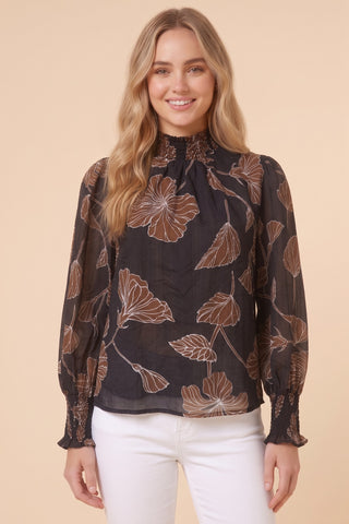 Black Bold Floral Print Smocked Mock Neck Long Sleeve Top