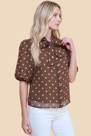 Brown Polka Dot Bow Collar Button-Up Blouse