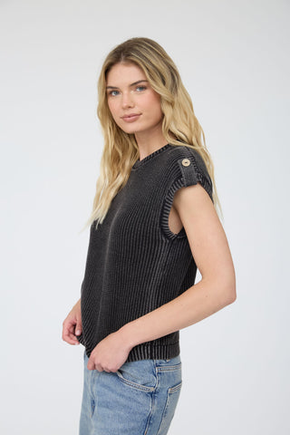 Acid Washed Tab Sleeve Back Button Top