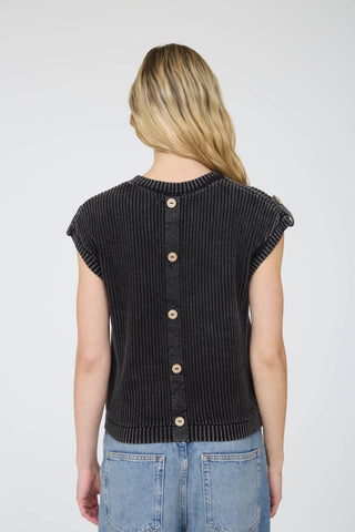 Acid Washed Tab Sleeve Back Button Top