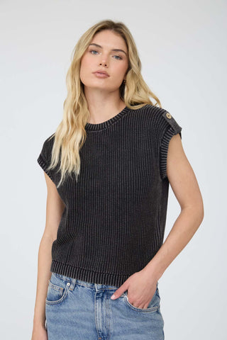 Acid Washed Tab Sleeve Back Button Top