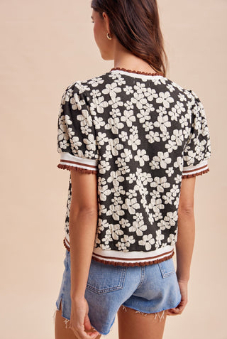 Flower Embossing Puff Sleeve Knit Top