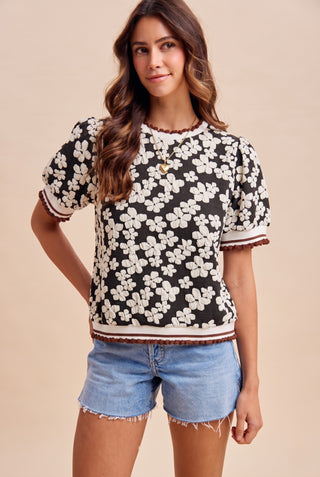 Flower Embossing Puff Sleeve Knit Top | JQ Clothing Co.