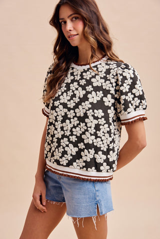 Flower Embossing Puff Sleeve Knit Top