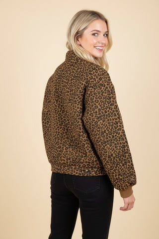Brown Leopard Quilted Stand Collar Jacket