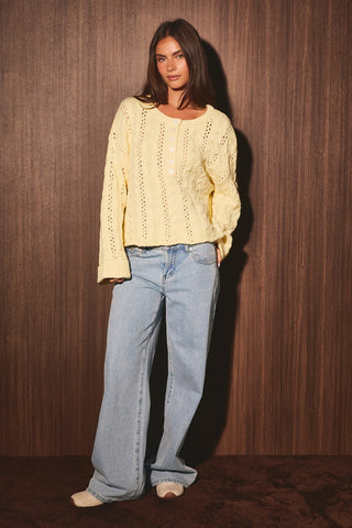 Cable Knit Pointelle Henley Oversized Sweater