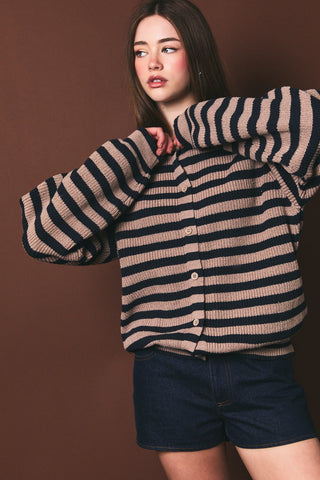 Navy Stripe Raglan Long Sleeve Knit Cardigan