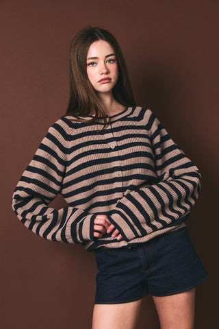 Navy Stripe Raglan Long Sleeve Knit Cardigan