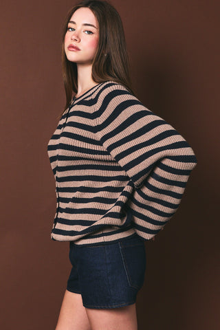 Navy Stripe Raglan Long Sleeve Knit Cardigan