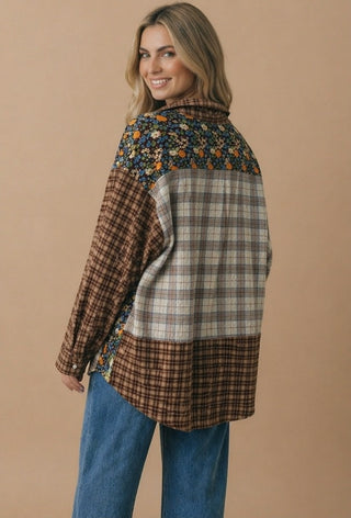 Curvy Mixed Print Patchwork Oversized Shirt