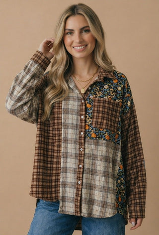 Curvy Mixed Print Patchwork Oversized Shirt