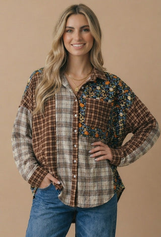 Curvy Mixed Print Patchwork Oversized Shirt