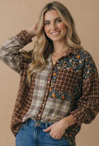 Curvy Mixed Print Patchwork Oversized Shirt