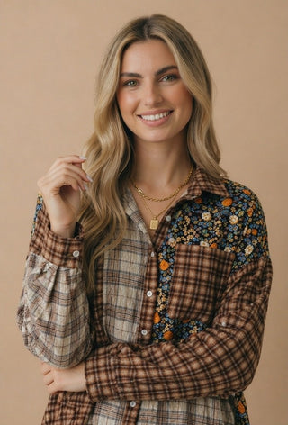 Curvy Mixed Print Patchwork Oversized Shirt